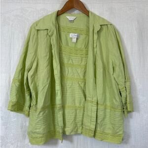 CJ Banks Shirt Tank Set 1X Chartreuse Green Linen Blend Crochet Detail